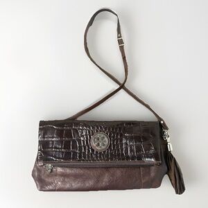 Tory Burch Leather Crossbody Clutch Bag Brown Tassel Detail